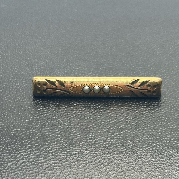 Victorian etched flowers seed pearl gold filled bar brooch pin c clasp antique - Picture 9 of 12